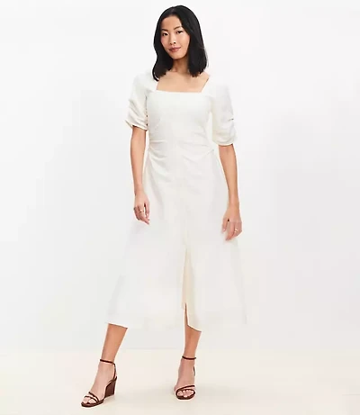 Shirred Linen Blend Button Midi Dress