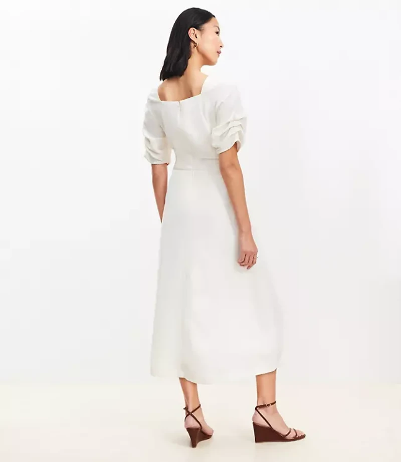 Petite Shirred Linen Blend Button Midi Dress