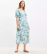 Gardenia Shirred Linen Blend Button Midi Dress