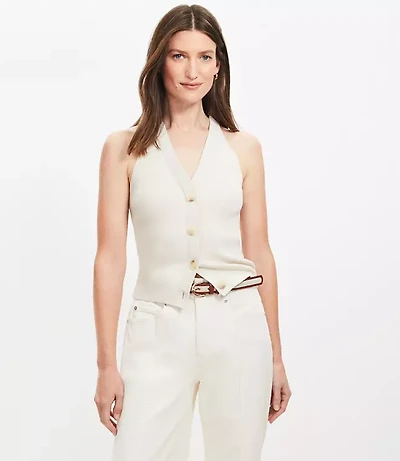 Petite Ribbed Button Halter Sweater