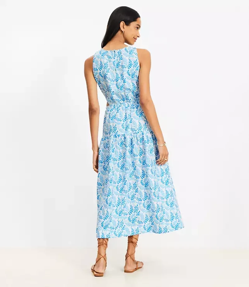 Coral Side Cutout Linen Blend Midi Dress