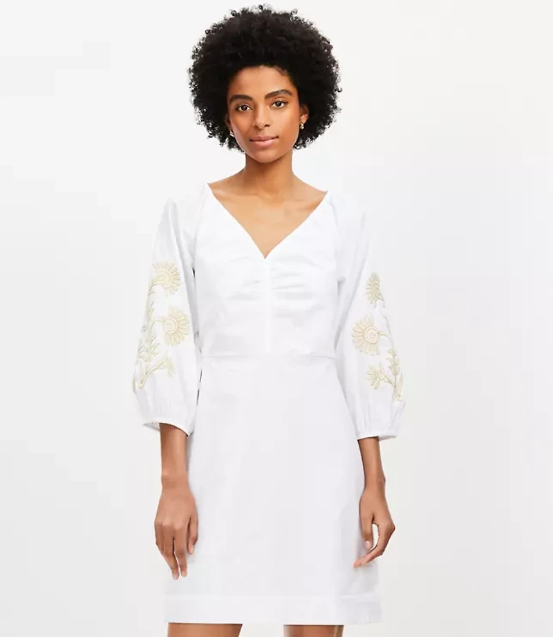 Floral Embroidered Poplin Shirred Mini Dress