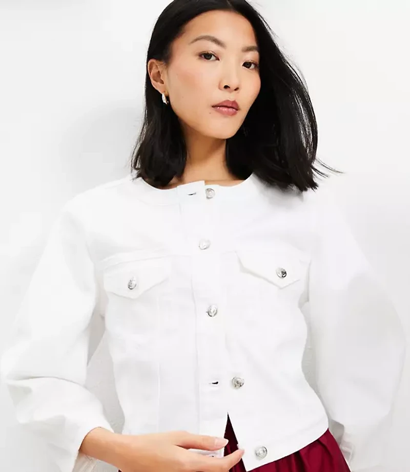 Petite Balloon Sleeve Denim Jacket White