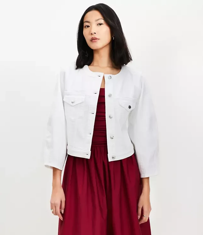 Petite Balloon Sleeve Denim Jacket White