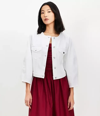 Petite Balloon Sleeve Denim Jacket White