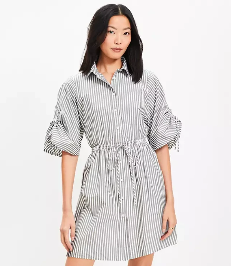 Petite Striped Poplin Tie Sleeve Mini Pocket Shirtdress