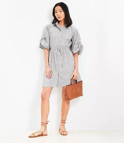 Petite Striped Poplin Tie Sleeve Mini Pocket Shirtdress
