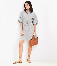 Petite Striped Poplin Tie Sleeve Mini Pocket Shirtdress