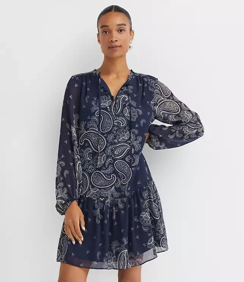 Petite Paisley Button Flounce Mini Dress