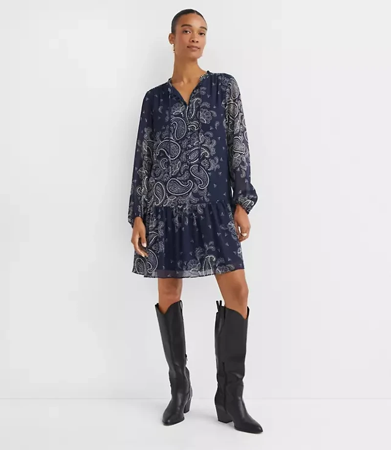 Petite Paisley Button Flounce Mini Dress