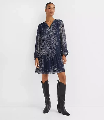 Petite Paisley Button Flounce Mini Dress