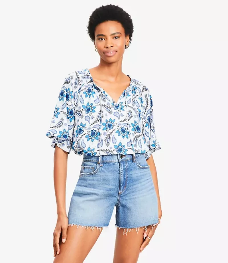 Paisley Tie Neck Mixed Media Blouse