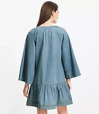Petite Chambray Tie Neck Mini Flounce Dress
