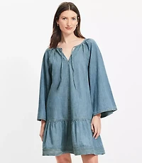 Petite Chambray Tie Neck Mini Flounce Dress