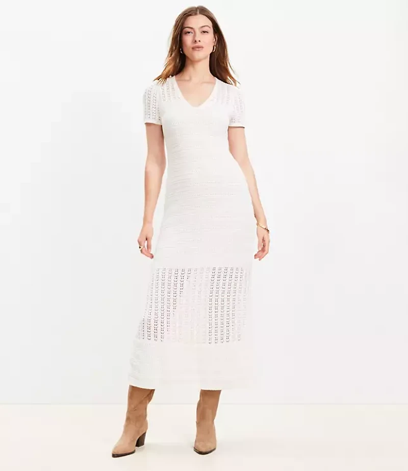 Pointelle V-Neck Midi Sweater Dress
