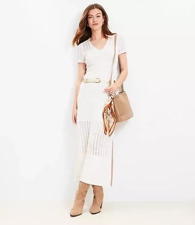 Pointelle V-Neck Midi Sweater Dress