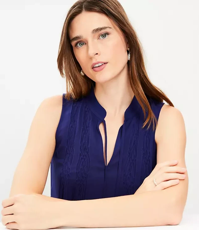 Shirred Tie Neck Mixed Media Shell