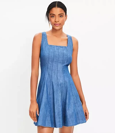 Chambray Seamed Mini Flare Dress