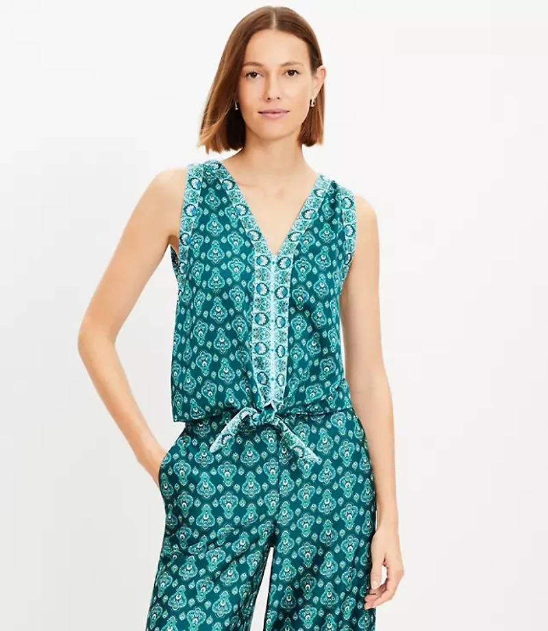 Floral Medallion Tie Front V-Neck Shell