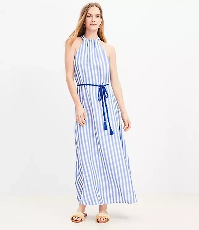 Striped Linen Blend Belted Halter Maxi Dress