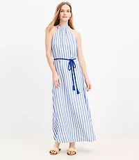 Striped Linen Blend Belted Halter Maxi Dress