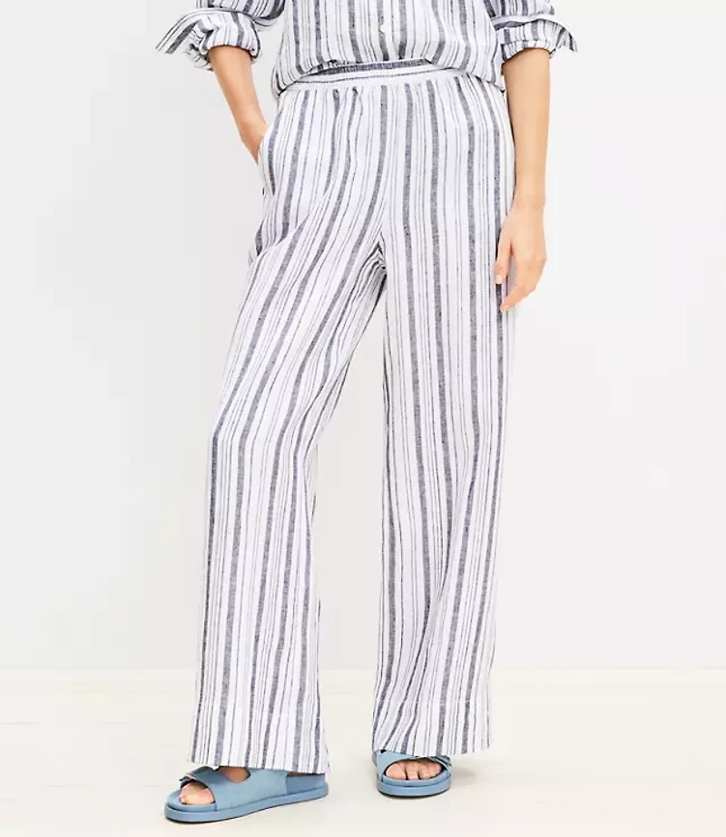Pull On Wide Leg Pants Striped Linen