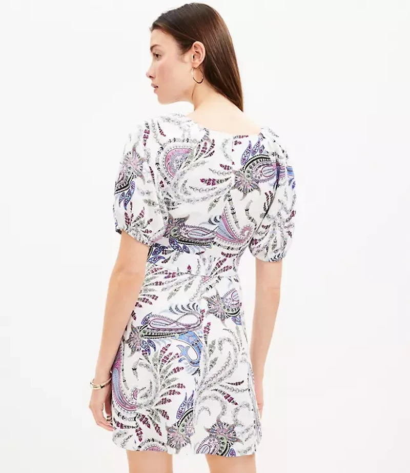 Paisley Linen Blend Belted Puff Sleeve Dress