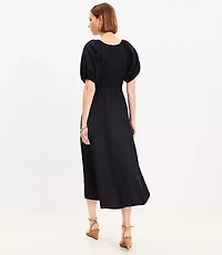 Linen Blend Belted Puff Sleeve Dress