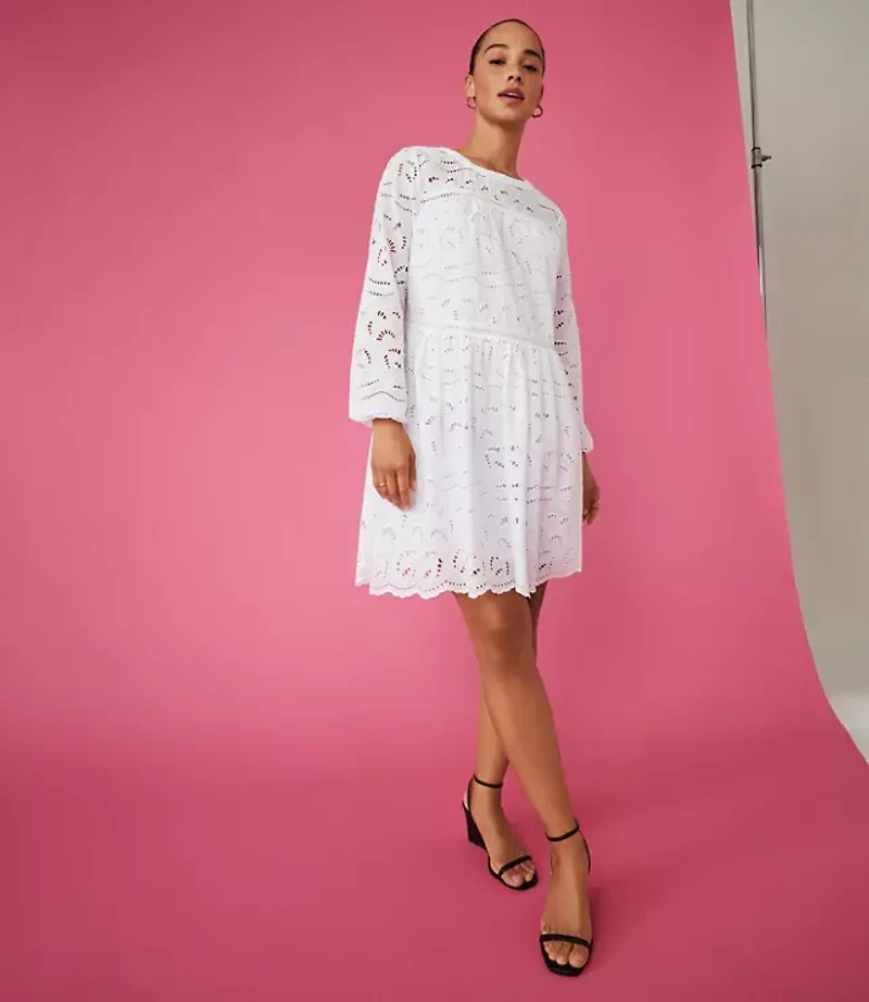 Eyelet Long Sleeve Swing Dress