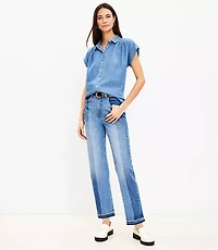 Petite Striped Let Down Hem High Rise Straight Jeans in Original Mid Indigo Wash