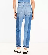 Petite Striped Let Down Hem High Rise Straight Jeans in Original Mid Indigo Wash
