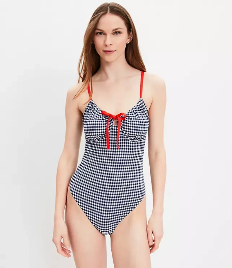 LOFT Beach Gingham Front Tie Keyhole One Piece Swimsuit