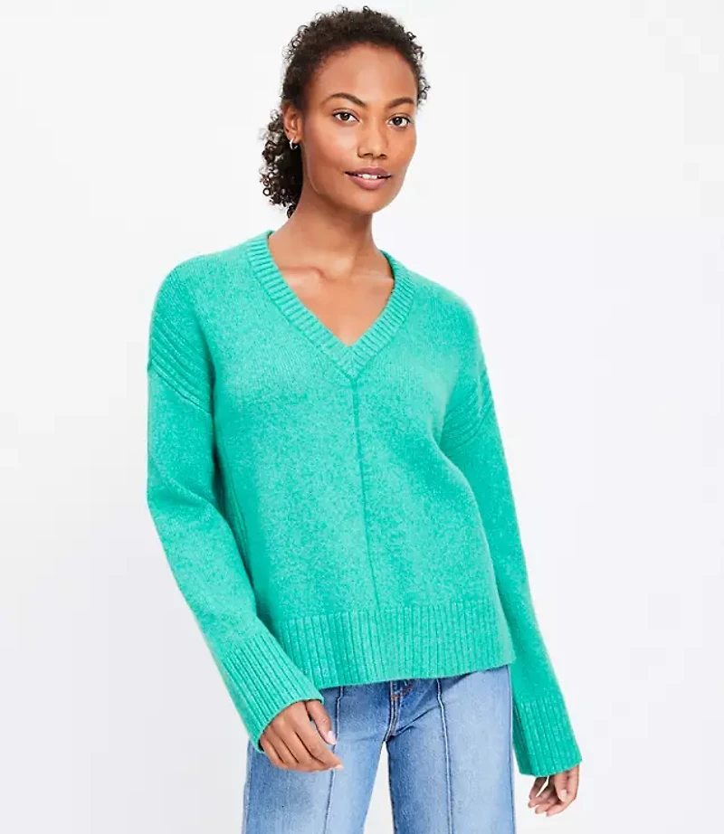 Rib Trim Wide Sleeve V-Neck Sweater