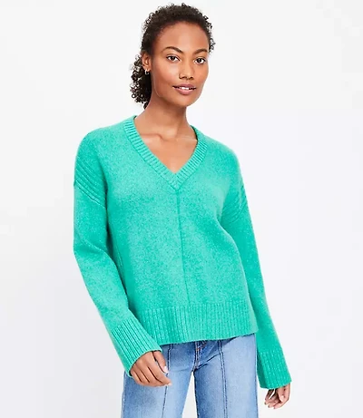 Rib Trim Wide Sleeve V-Neck Sweater