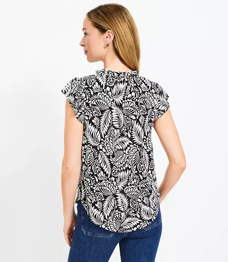 Petite Floral Smocked Tie Neck Flutter Shell