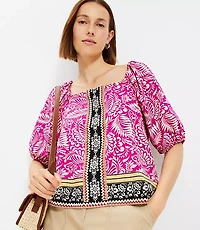 Petite Palm Bubble Sleeve Square Neck Blouse