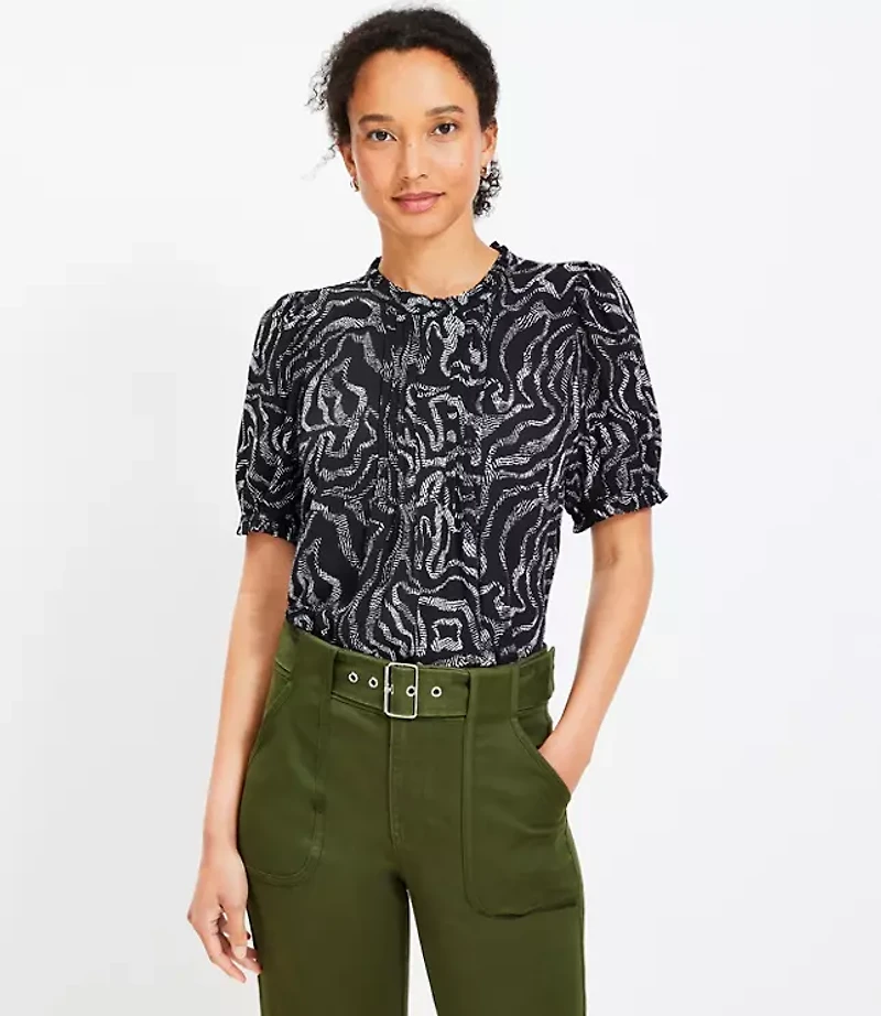 Petite Ripple Pintucked Puff Sleeve Mixed Media Blouse