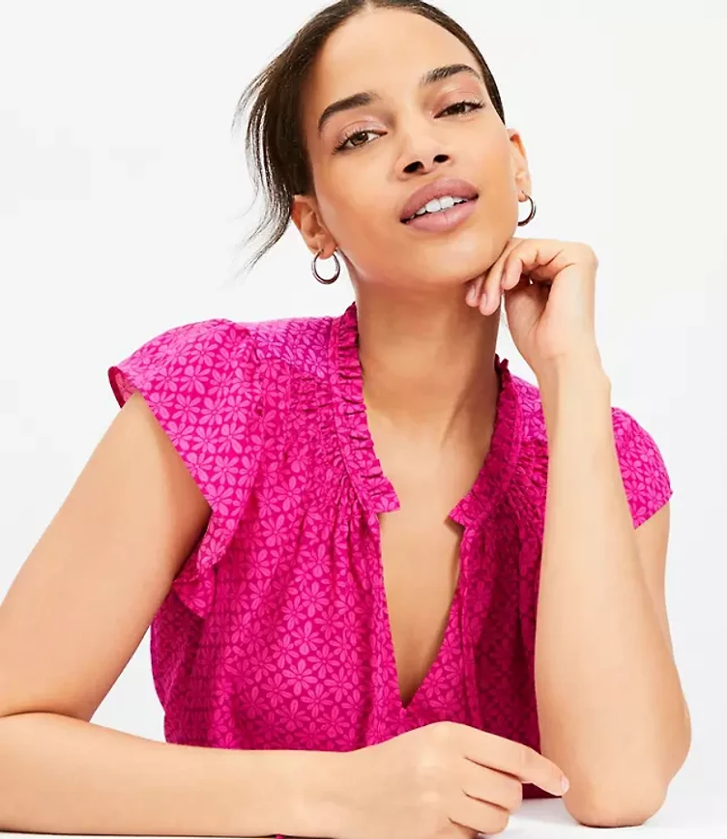 Petite Floral Smocked Tie Neck Flutter Shell