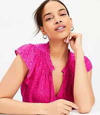 Petite Floral Smocked Tie Neck Flutter Shell