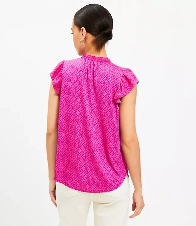 Petite Floral Smocked Tie Neck Flutter Shell