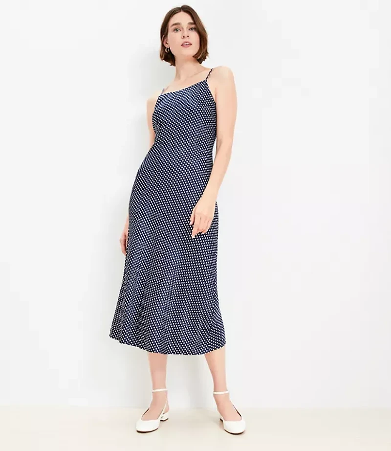 Dotted Satin Strappy Bias Midi Dress