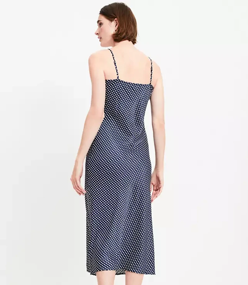 Dotted Satin Strappy Bias Midi Dress