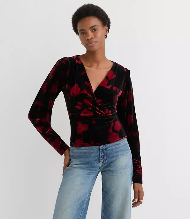 Floral Velvet Puff Sleeve V-Neck Top