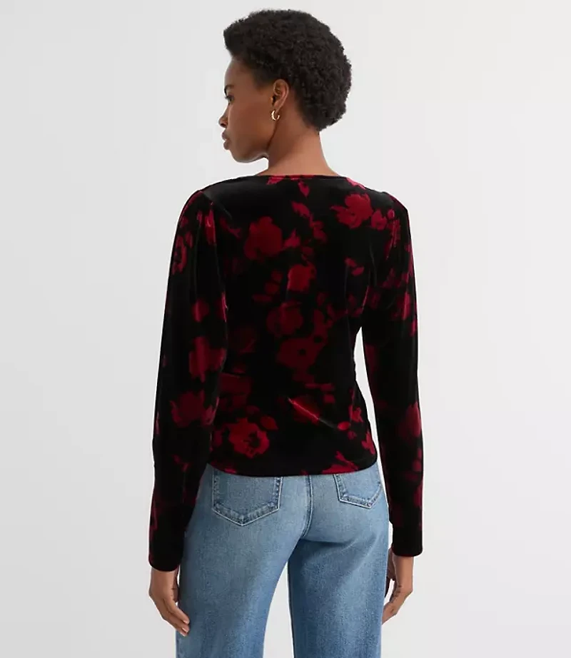 Floral Velvet Puff Sleeve V-Neck Top