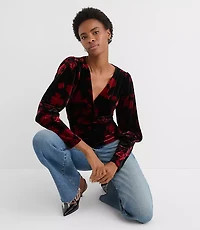 Floral Velvet Puff Sleeve V-Neck Top