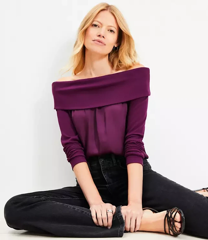 Charmeuse Off The Shoulder Mixed Media Top
