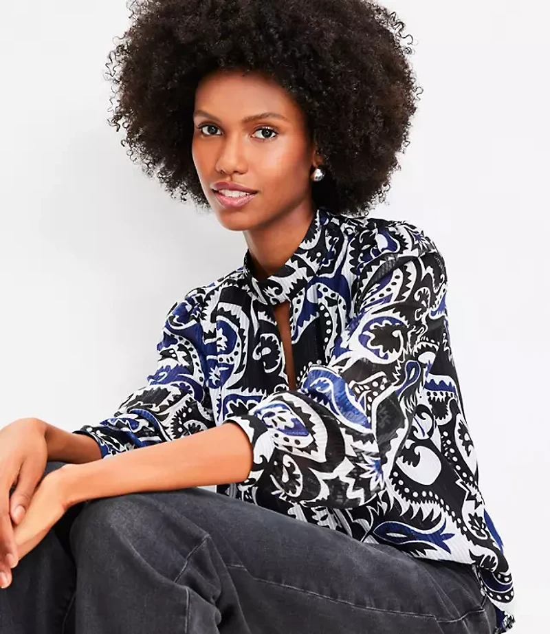 Petite Shimmer Stripe Paisley Mock Neck Blouse