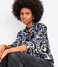 Petite Shimmer Stripe Paisley Mock Neck Blouse