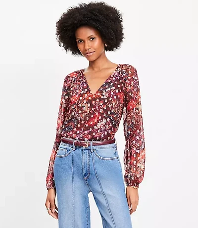 Petite Shimmer Clip Paisley Shirred Raglan Blouse