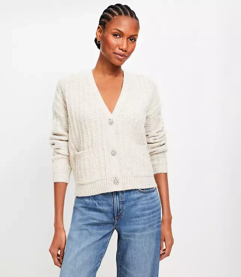 Sparkle Button Sequin V-Neck Pocket Cardigan